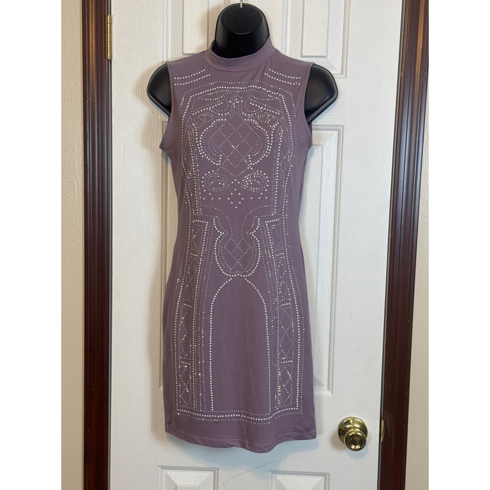 Say What? Bodycon Dress Rhinestone Sleeveless Mock Neck‎ Mauve Size S